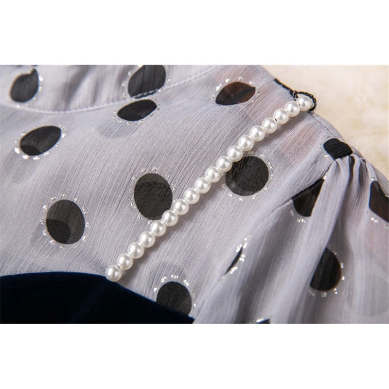 Новое поступление, Женское зимнее платье с длинным рукавом, vestidos, модное осеннее дизайнерское лоскутное платье в горошек с жемчугом, вечерние платья из велюра