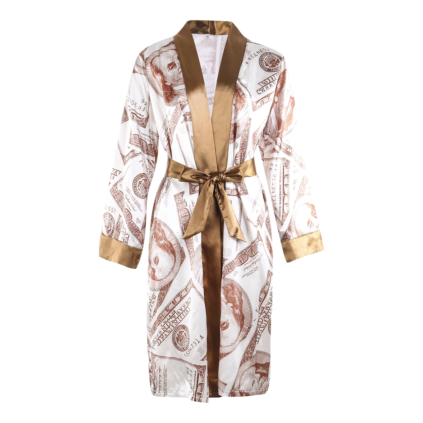 

Women's Satin Robe, Trendy Dollar Print Long Sleeve Silky Kimono Bathrobe Sleepwear With Belt 2021 New Fashion