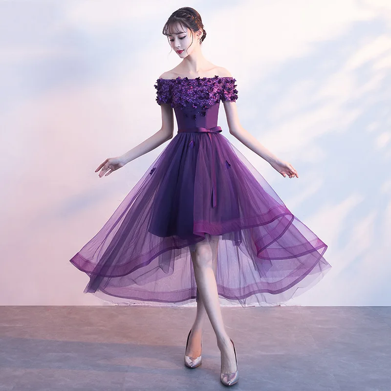 Vestidos De Gala фиолетовые тюлевые платья трапециевидной формы с цветочной аппликацией и вырезом лодочкой для женщин, вечерние длинные платья для выпускного вечера ES3080 - Цвет: Фиолетовый