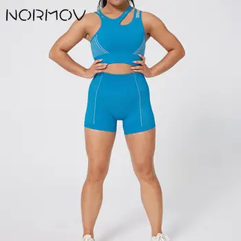 

NORMOV Woman Tracksuit Hollow Crop Top And High Waisted Seamless Shorts 2020 2 Pieces Set Gym Wear Slim Set Workout Clothes