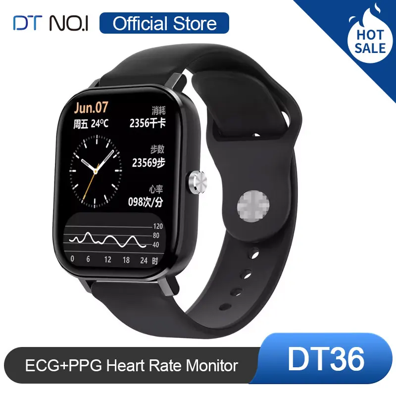 DT NO.1 DT36 1.75 pulgadas Reloj inteligente Hombres HD Pantalla ECG + PPG frecuencia cardíaca SpO2 Calculadora de música Control de cámara Hombres Reloj inteligente de las mujeres para Android ios Fitness Tracker