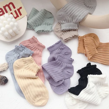 

1 pair Ruffles Socks Cotton Ankle Lovely Frilly Edge Socks Spring Vintage Girls' Sweet Pure Color Casual Short Tube Socks