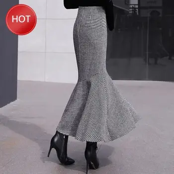 

Skirts Fashion Winter New Women Woolen Retro Houndstooth Mermaid Skirt Trumpet High Waist Ruffles skirt