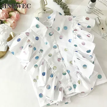 

2019 Spring Autumn New Blouse Femals Lapel Short Sleeve Dot Print Patchwork Ruffles Single Breasted Korea Shirt Women S802
