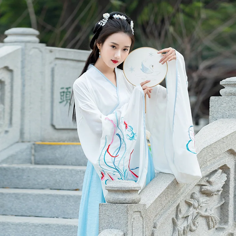 

Traditional Chinese White Floral Print Women Costume Hanfu Dynastie Tang Modern Improved Blue China Vintage Han Element Skirt