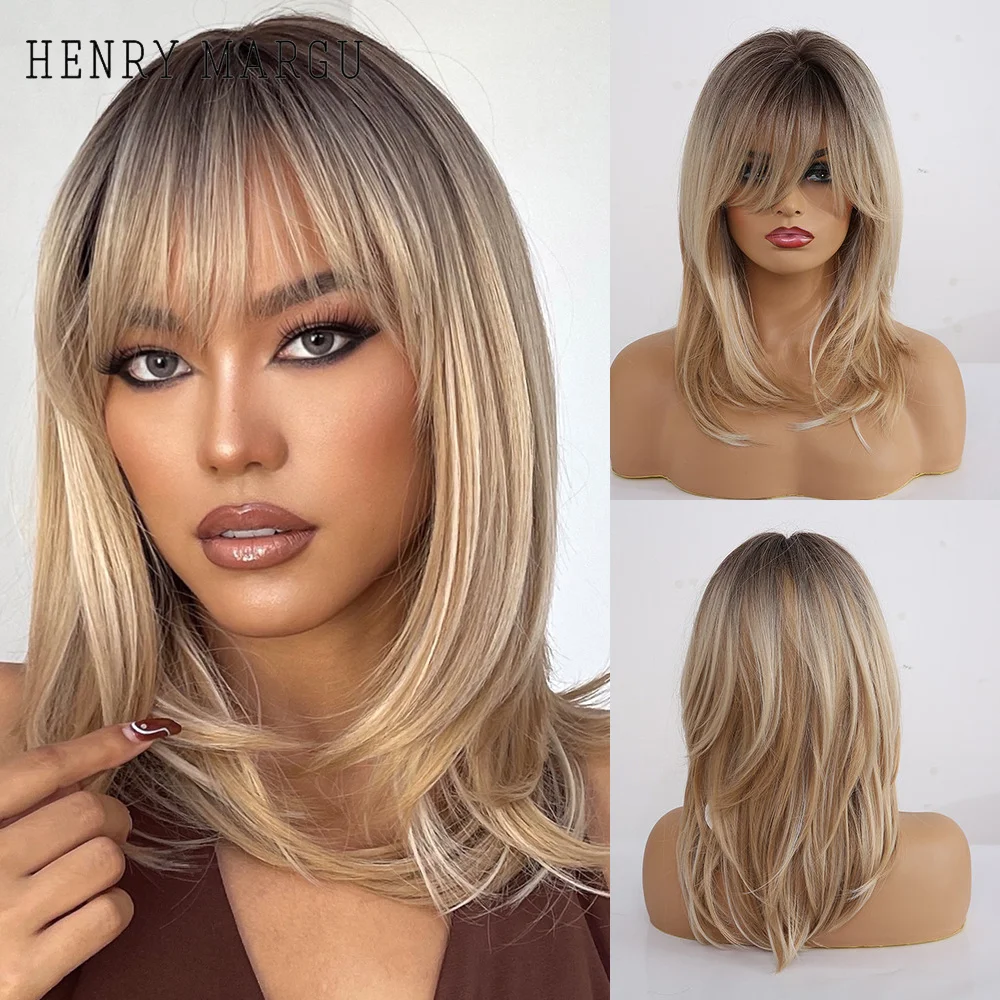 

HENRY MARGU Ombre Brown Blonde Synthetic Wig for Women Natural Layered Cosplay Daily Wig with Bangs Heat Resistant Medium Length