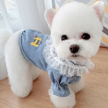 

Yellow Blue Pet Clothes Dog Hoodie Sweatshirts Sweet Corduroy Shirt With Lace Collar Pullover Cat Jackets Bubble Sleeves Hoody L