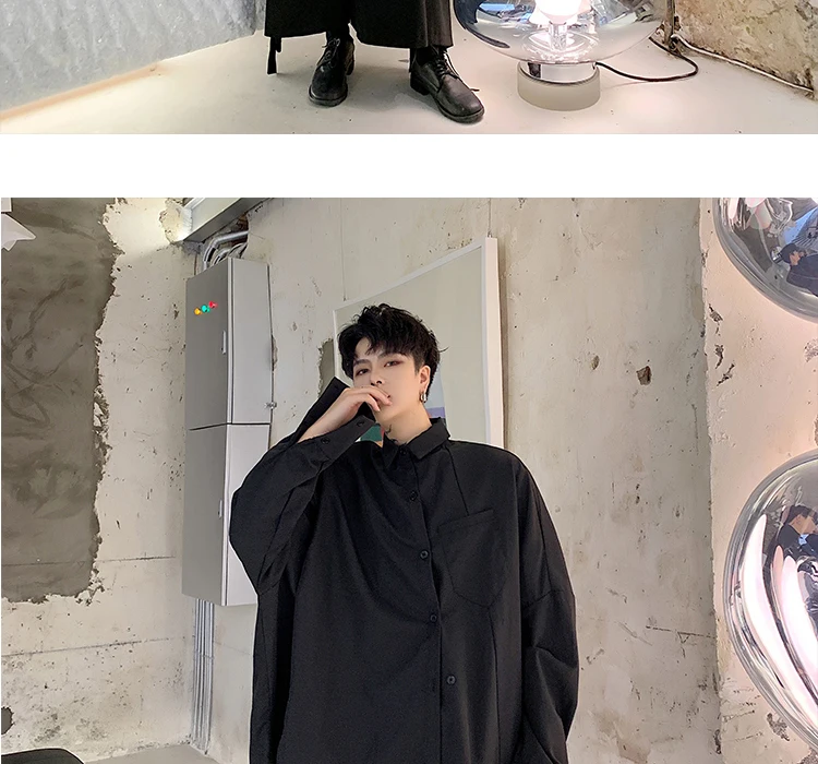 Men Long Sleeve Asymmetric Design Loose Black White Shirt Male Japan Streetwear Hip Hop Gothic Casual Shirts