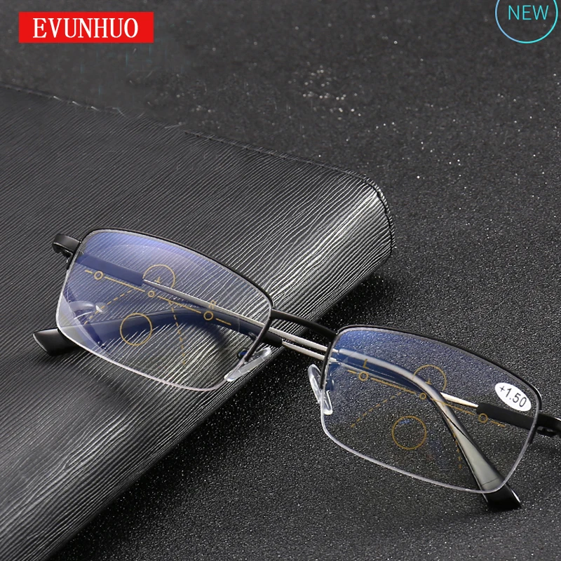 

EVUNHUO Titanium Progressive Multifocal Glasses Men Memory Aolly Blue Light Reading Glasses Half Frame Prescription Eyeglasses