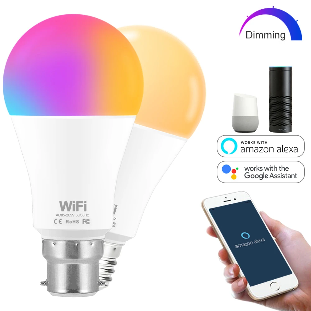 LED Wifi Smart Light Bulb Dimmable RGB+W Lamp E27 E26 B22 For Alexa Google 