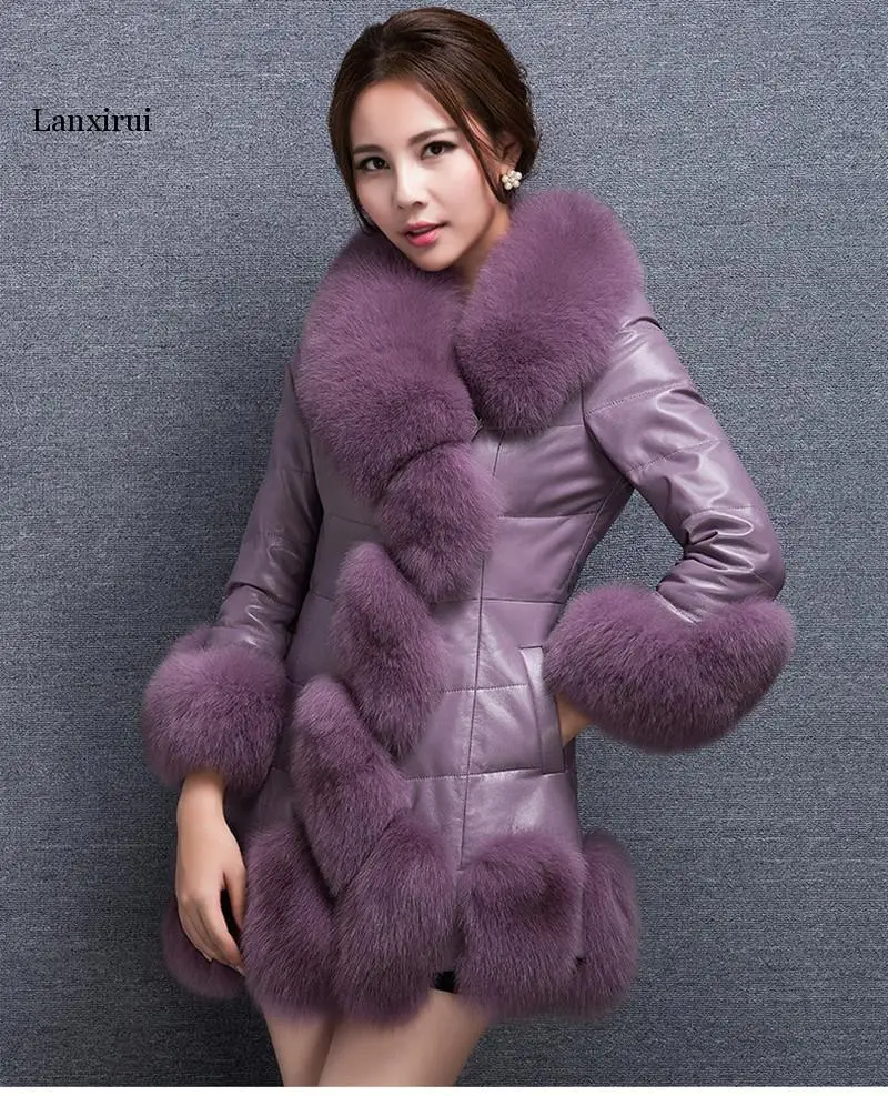 Меховая куртка Женская Корейская тонкая кожаная имитация лисьего меха воротник Pu пальто теплое утолщенное