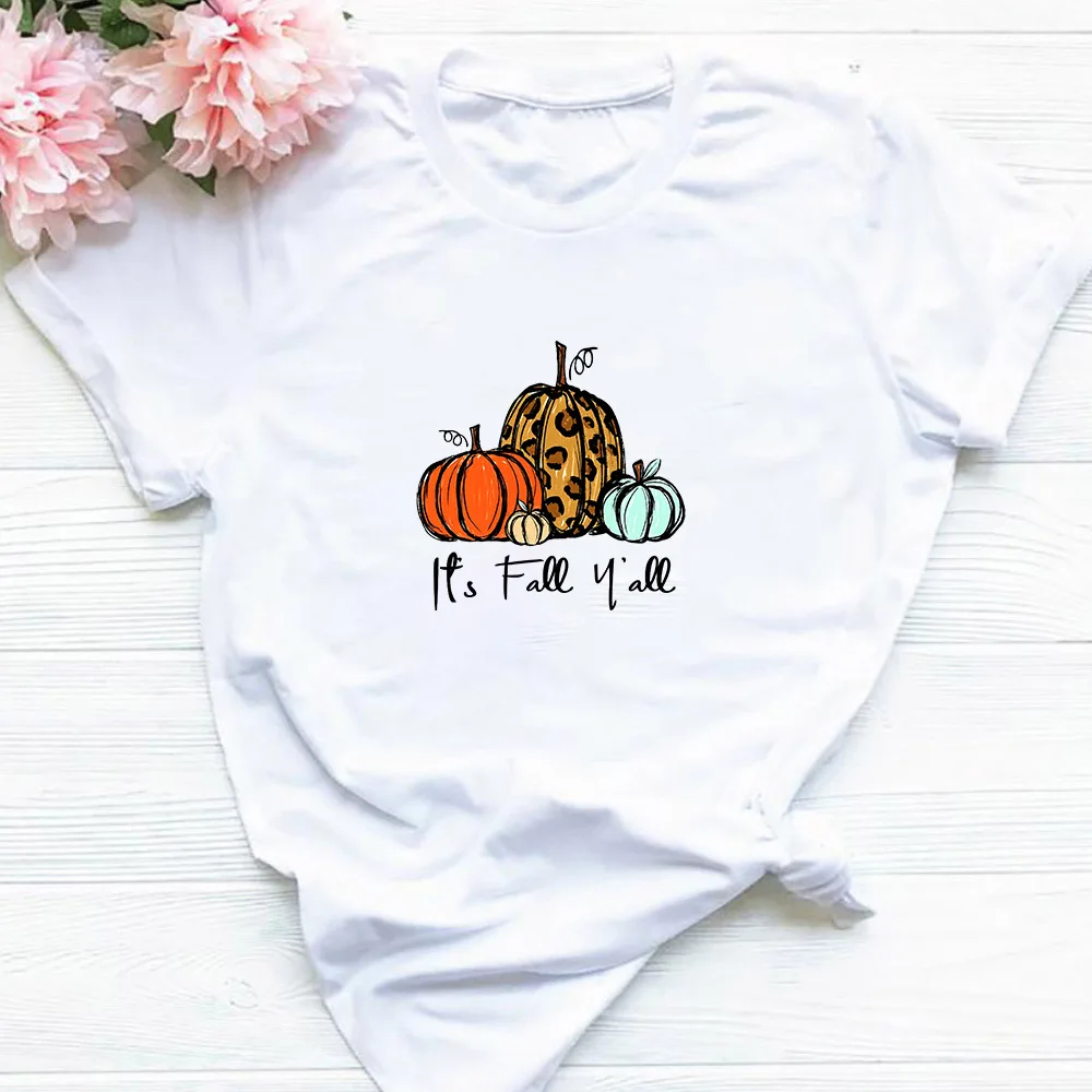 

2QIMU Womens Cotton Blend Fashion Pumpkin Shirt It's Fall Y'all Printed Graphic Tee Shirt Short Sleeve Tops Female Streetwear