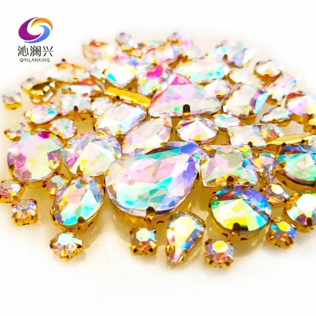 50pcs Multicolor Oval Claw Rhinestones Golden Flat Back Shiny Beads Trim  Sew On Rhinestones For Clothes Decoration