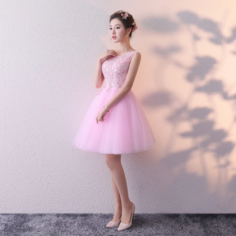 Настоящая фотография Розовые коктейльные платья кружевная Апликация vestido de festa волнистый вырез Тюль Короткие свадебные платья индивидуальный заказ
