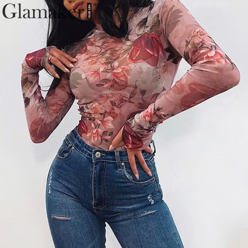 Glamaker винтажный Красный боди с цветочным принтом розы женский весенний сетчатый
