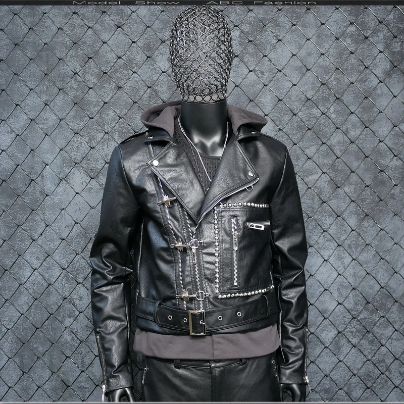 FERNER ретро классический мотоцикл куртка для мужчин Harajuku кожаная с отворотом с капюшоном панк заклепки Байкер Мото куртка Тонкий