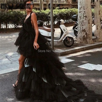 

Sexy Black Tulle Evening Dresses Vestidos Long Train High Low Prom Dresses 2020 Robe De Soiree African Party Dress Kaftans Aibye