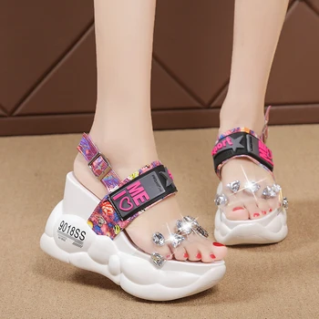 

Rimocy Transpare PVC Crystal Platform Sandals Wedges Shoes for Women Buckle High Heels Summer Shoes Woman Rhinestone Sandalias