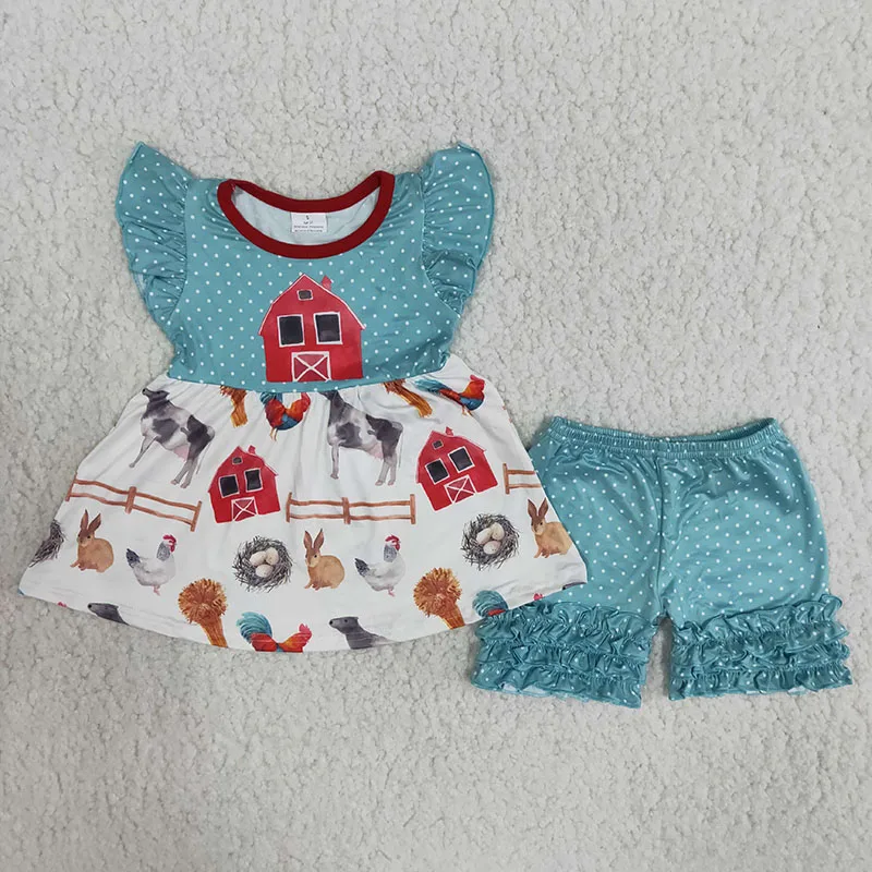 Wholesale Baby Girls Summer Fashionable Clothing Short Sleeve Farm Shirt Ruffle Blue Dots Shorts PantsSets Infant Kids Outfit | Детская