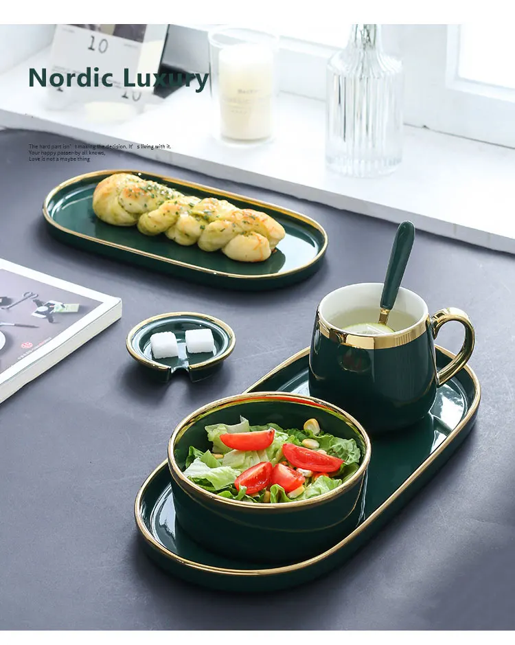 Gold Rim Green Ceramics Coffee Cup Mug And Saucers Sets Tea Soy Milk Breakfast Mug Dessert Plate Fashion Restaurant Snack Cup