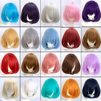 

synthetic short straight pink bob wig cosplay wigs for women with bangs red blue purple MUMUPI