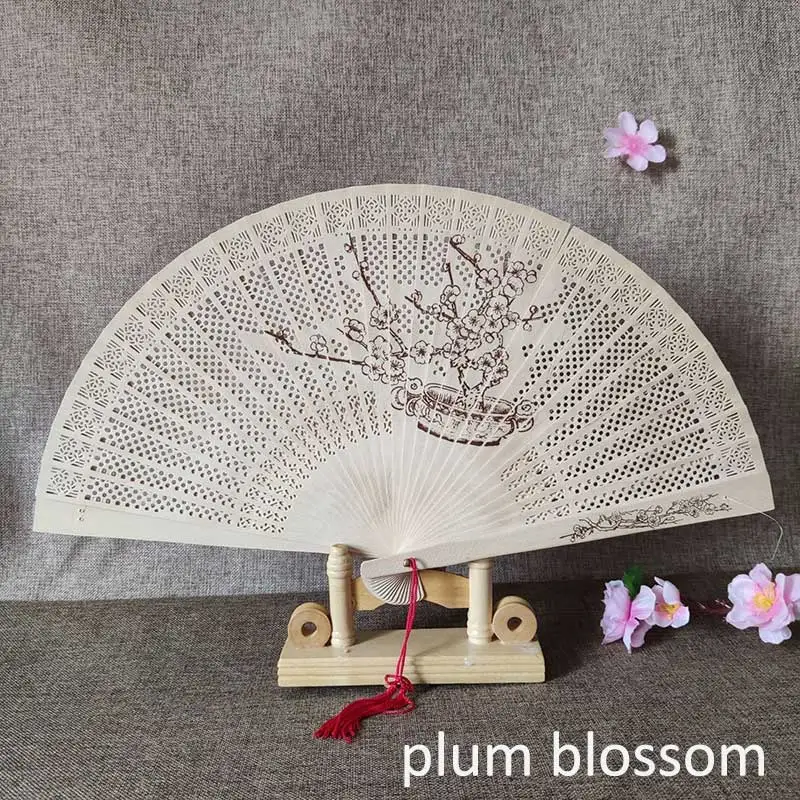 plum blossom 1Pcs Chinese wood carving printing Vintage antique craft fan Incense wood lady folding fan - Цвет: plum blossom