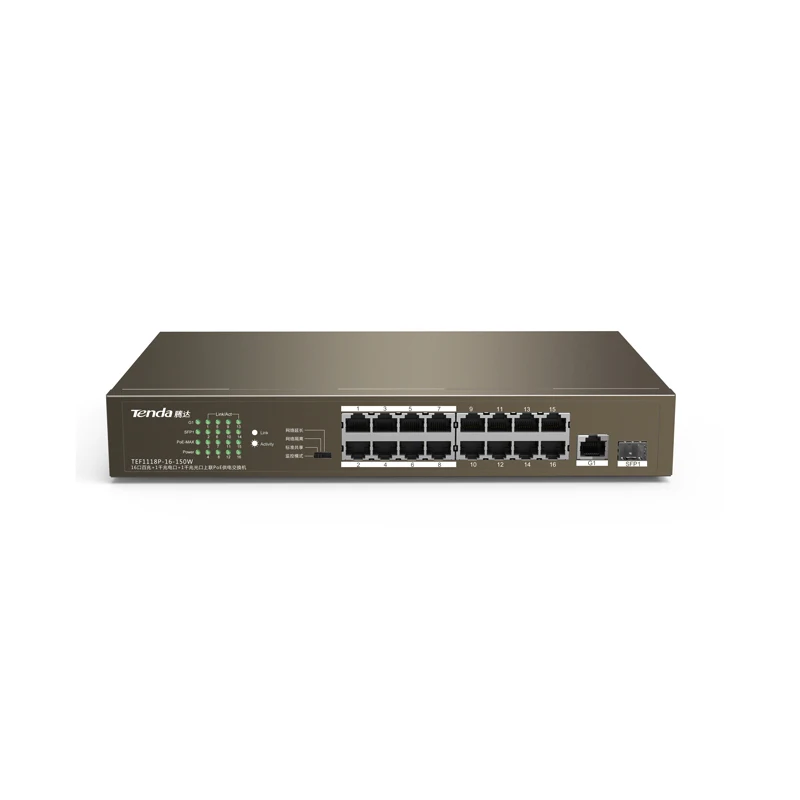 Tenda TEF1118P-16-150W сетевой коммутатор Ethernet 16 портов, 135 Вт PoE источник питания, VLAN, PLUG AND PLAY