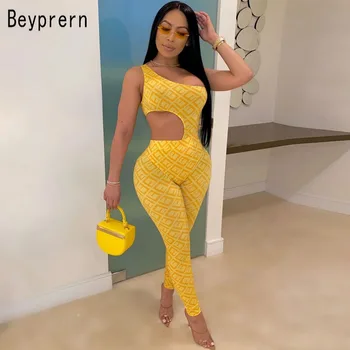 

Beyprern Chic Cut Out Printed Legging Set Womens Sexy One Shoulder Bodysuit Matching Set 2 Piece Night Club Yellow Tracksuit