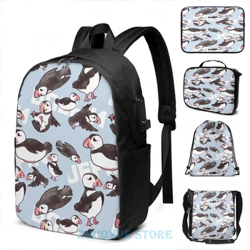 

Funny Graphic print Puffin(2) USB Charge Backpack men School bags Women bag Travel laptop bag