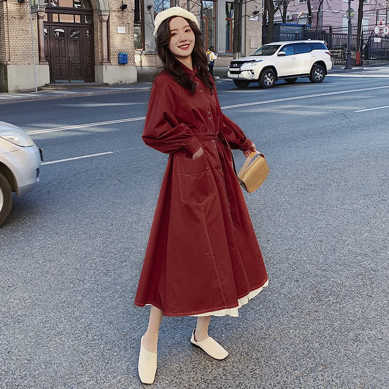 

2020 Spring French Windbreaker Dress Vintage Red Single-breasted High Waist Ladies Dress Full Long Dress Women
