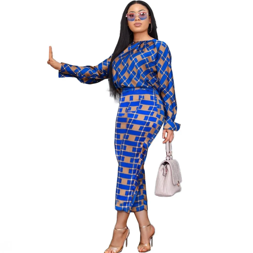 Two Piece Suit African Clothing New Fashion Women Long Sleeves Loose T-Shirt Checked Pants Suit Spring Autumn Casual Suit 2021