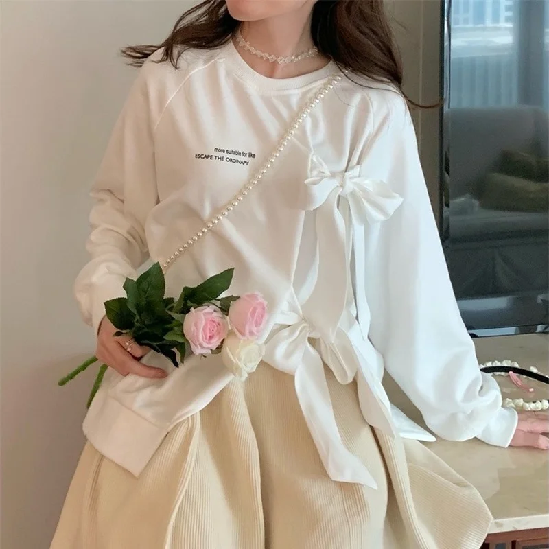 New Sweet Bandage Hoodies Oversized Women Autumn O-Neck Long Sleeve Tops Kawaii Bow Pullover Sweatshirts Woman