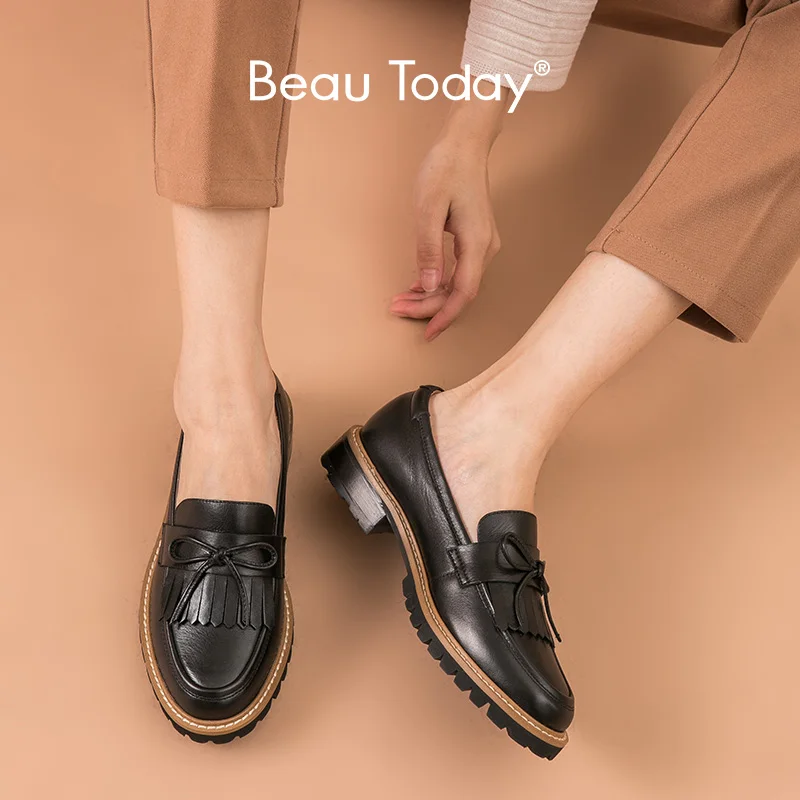 

BeauToday Tassel Loafers Women Calfskin Leather Round Toe Bowknot Spring Autumn Slip-On Ladies Flats Handmade 27162