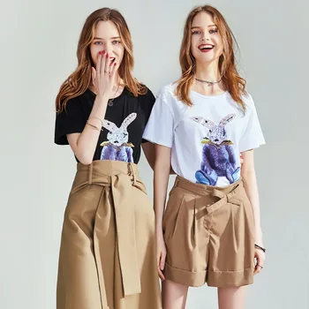 

HAVVA 2020 Summer New Adorable Combed Cotton Blend Cute Rabbit Nail Bead Printed Women's Short-sleeved T-shirt T4719