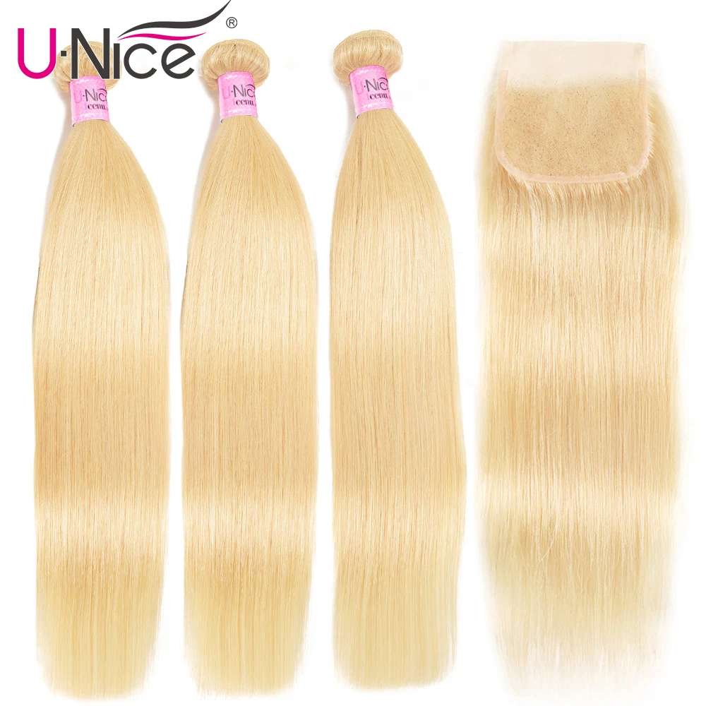 Волосы UNICE, 613 блонд, пряди, с закрытием, бразильские волосы Remy, прямые человеческие волосы, 3 пряди, с закрытием, человеческие волосы Remy