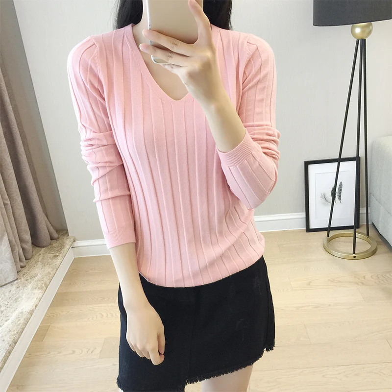 

LHZSYY 2019Autumn Winter New Women's Knitted V-Neck Sweater Solid Color Pit design Slim Bottoming shirt Short Warm Wild Pullover