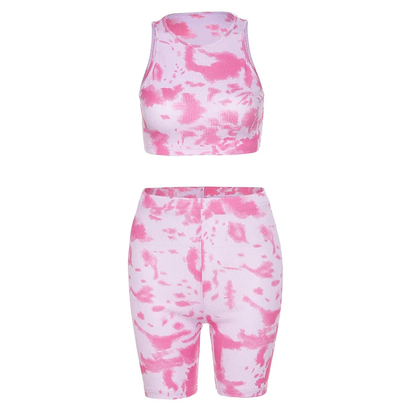 2020 New Women Casual 2 Pieces Suit Summer Fashion Sports Set Dyeing Top Vest & High Waist Shorts Women Tank Tops Shorts