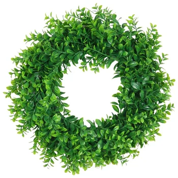 

Artificial Green Leaves Wreath 17.7Inch Boxwood Farmhouse Greenery Wreath for Front Door Hanging Wall Window Decor