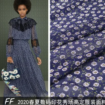 

2YDS/ Hot Sale definition ancient Small Flower Navy Lace Fabric For Women Dress Tissue Bright Clothes Printed Flower Lace Fabric