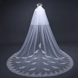 Новая свадебная вуаль с хвостом, красивая кружевная элегантная Фата с длинным шлейфом для невесты