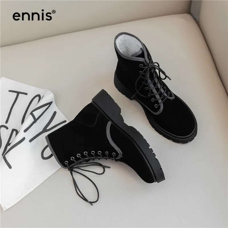 ENNIS/Брендовые ботильоны martin; женские ботинки на шнуровке; зимние ботинки из натуральной замши на платформе; женская зимняя теплая плюшевая обувь; A9369