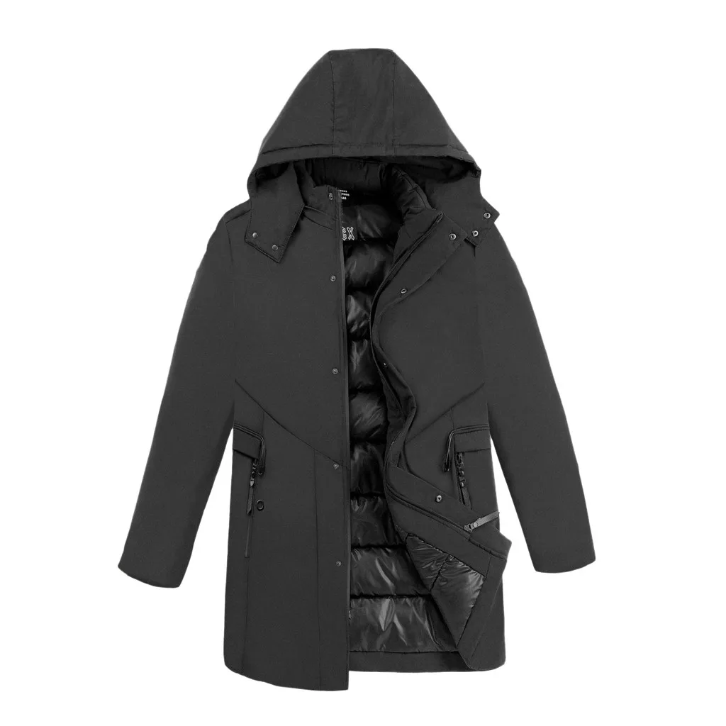 Длинная мужская зимняя куртка, однотонная, теплая, на молнии, Мужская одежда, повседневная, с длинным рукавом, с капюшоном, зимнее пальто для мужчин, с карманом, abrigo hombre
