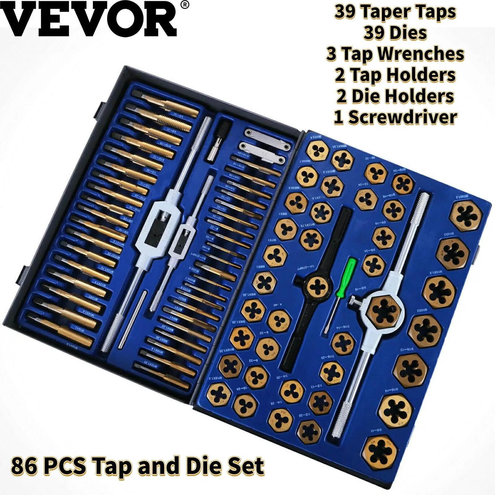 Vevor 86 Pcs Tap And Die Set Drill Tap Set Metric Hand Threading Wrench