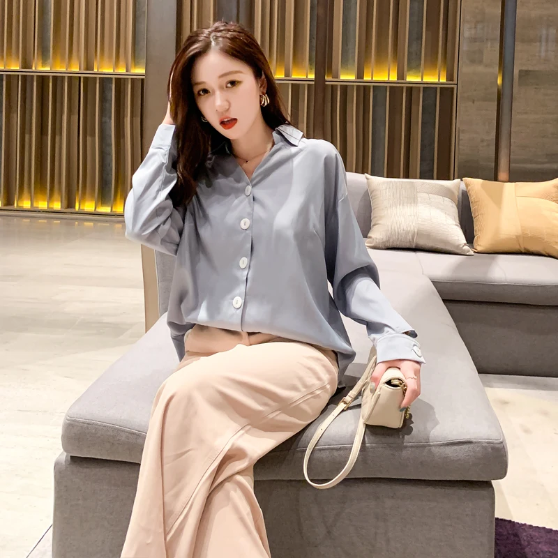 White Chiffon Blouse Women Long Sleeve Casual Loose Ladies Tops Female Solid Elegant Temperament Turn-down Collar Blue Shirt