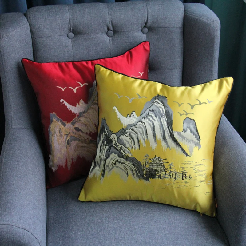 

Landscape Painting Pattern Sofa High-grade Cushion Covers Mountain Yellow Red Waist Pillowcases Simplicity Pillow Covers
