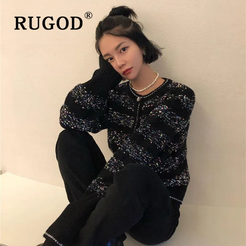 RUGOD, винтажный Блестящий вязаный свитер, шикарный полосатый кардиган, зимние топы для женщин, одежда, трикотаж, корейский стиль