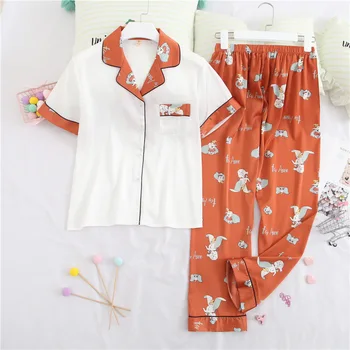

Cartoon Print Satin Pajama Set Women Short Sleeve Pijama Suit Female Shirt&Pant Casual 2PCS Sleepwear Nightwear Home Clothes