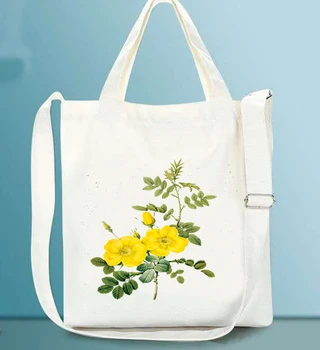 

Customize Women Shoulder Bag Plant Flower Printed Tote Bag With Zipper Straps Eco Canvas Female Ladies Shopping Foldable Handbag