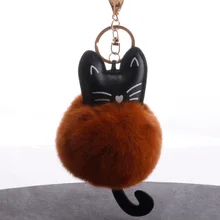 Черная кошка с меховыми помпонами брелок-подвеска Чехол Из Искусственной ПУ-котенка на самом деле из меха кролика породы Рекс Шар Подвесные Брелки небольшие подарки оптом
