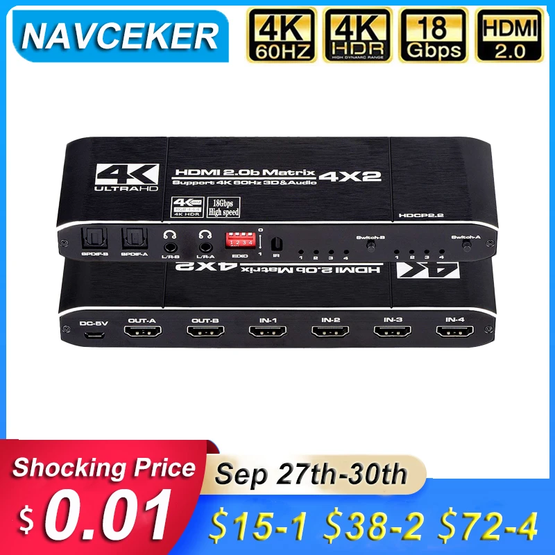 Navceker 18.5 Gbps Hdmi Matrix 4X2 4K @ 60Hz Hdmi Switch Splitter Con Spdif E L/R 3.5Mm Hdr Hdmi Switch 4X2 Supporto Hdcp 2.2 3D